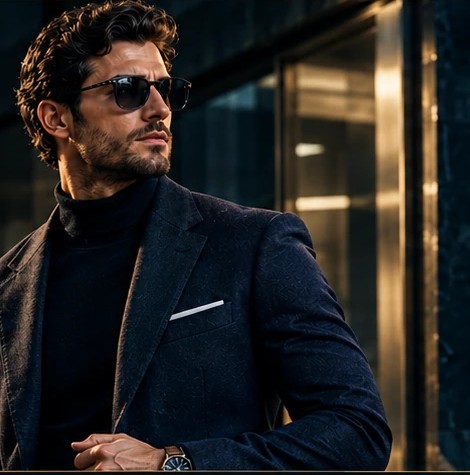 Model wearing an H&A tailored blazer and turtleneck